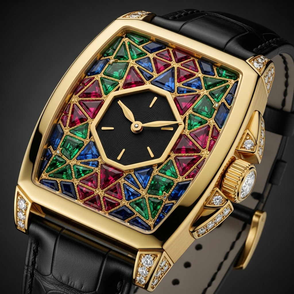 Royal Prism™ Luxury Gold Diamond Watch – Multicolor Gemstone Dial Edition