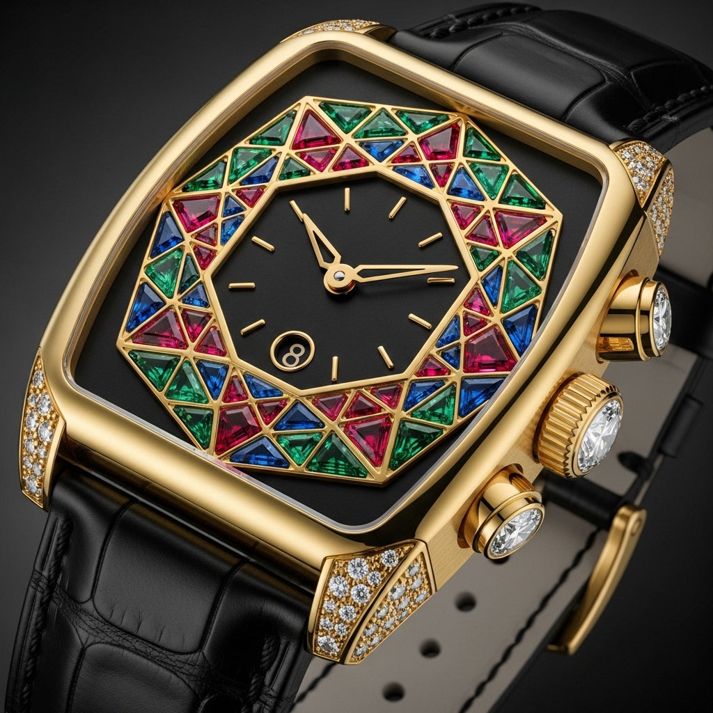 Imperial Mosaic™ Gold Luxury Watch – Diamond Crown Multicolor Gem Edition