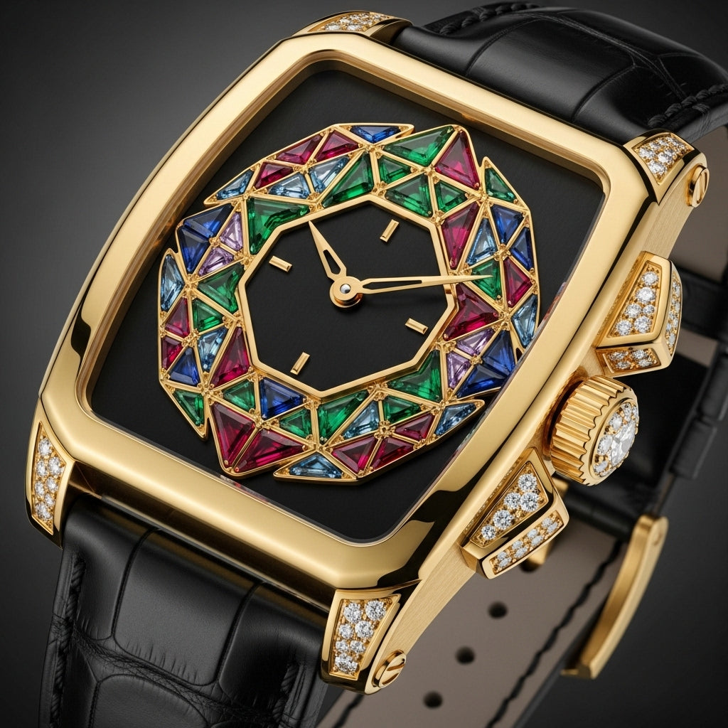 Aurora Crown™ Gold Prestige Watch – Diamond Bezel Multicolor Gem Dial